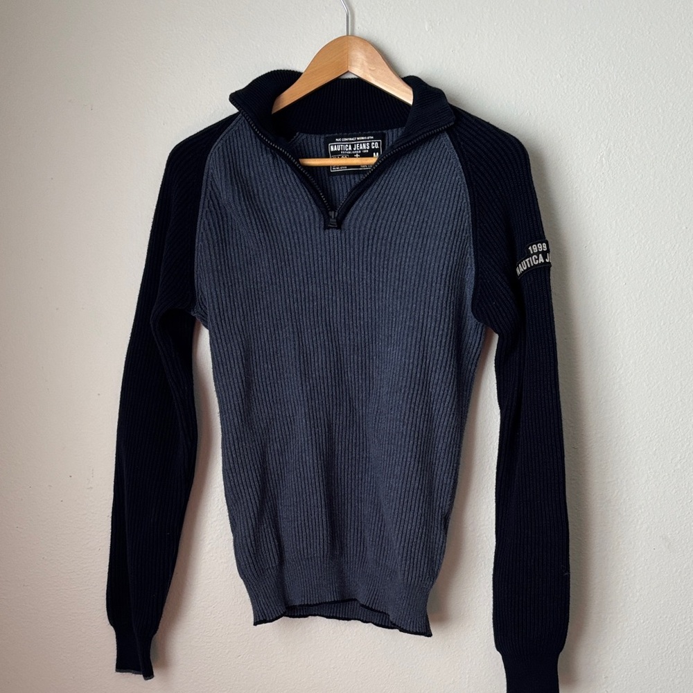 Cable knit navy blue quarter-zip